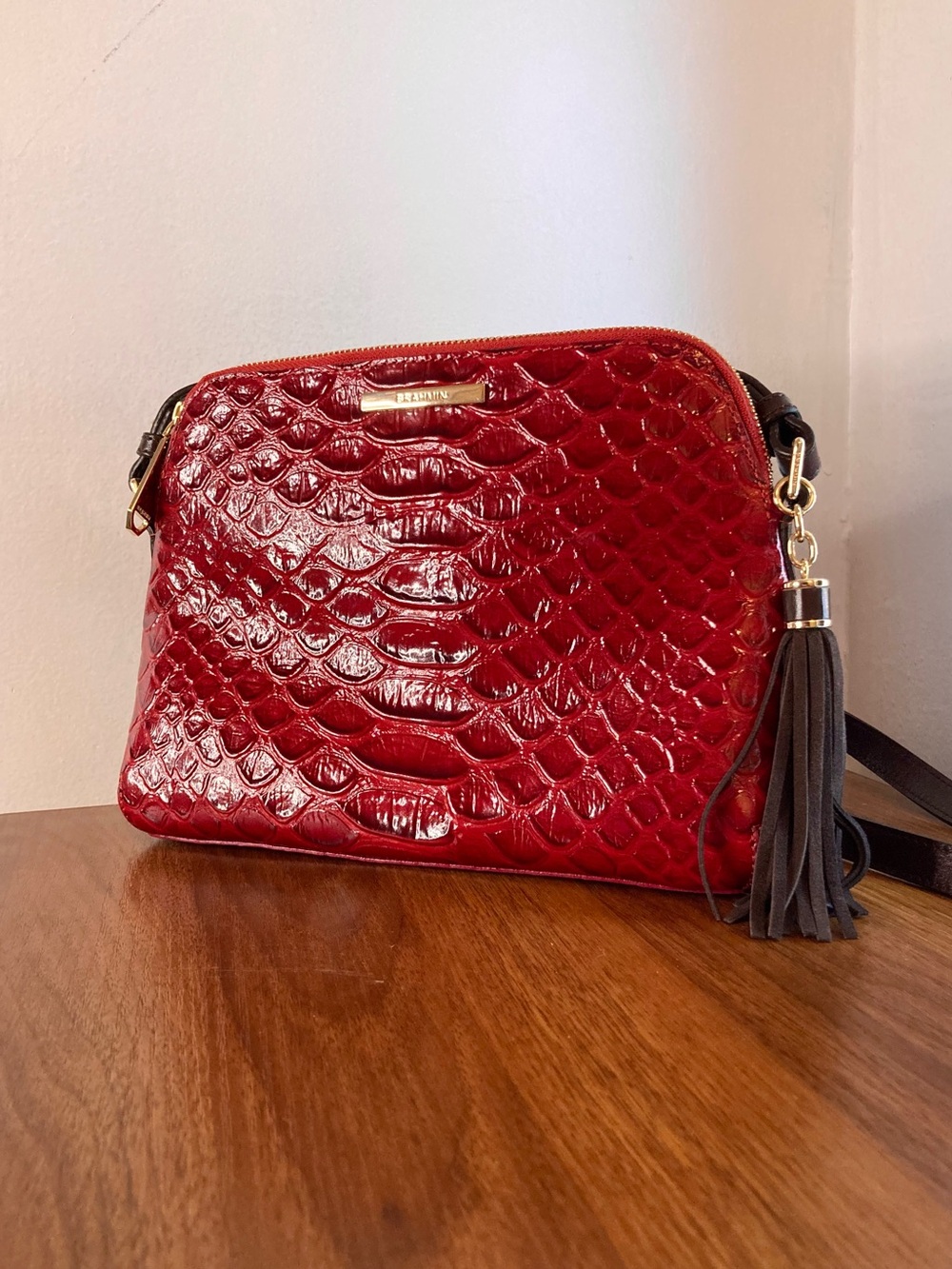 Brahmin Mini Sydney Scarlet Vardo Red Python Leather Tassel Crossbody Bag EUC